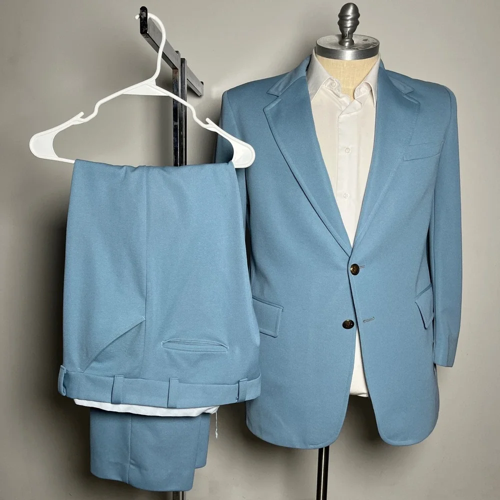JCPenney Suit Mens 44L‎ 37x29.5 Light Blue Solid Vintage 70s Disco 2-Piece Set